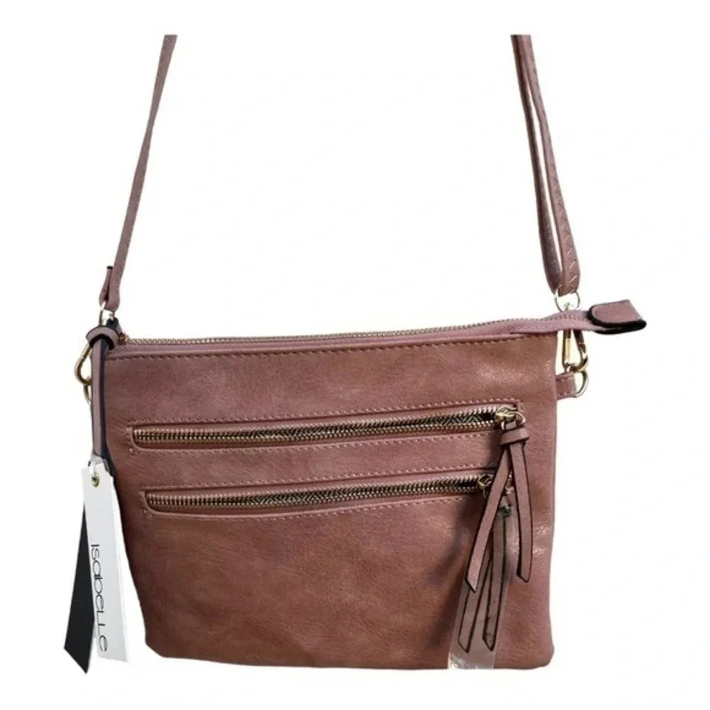 Isabelle Vegan Leather Crossbody‎ Pink Zippered Pockets Organizer​​​